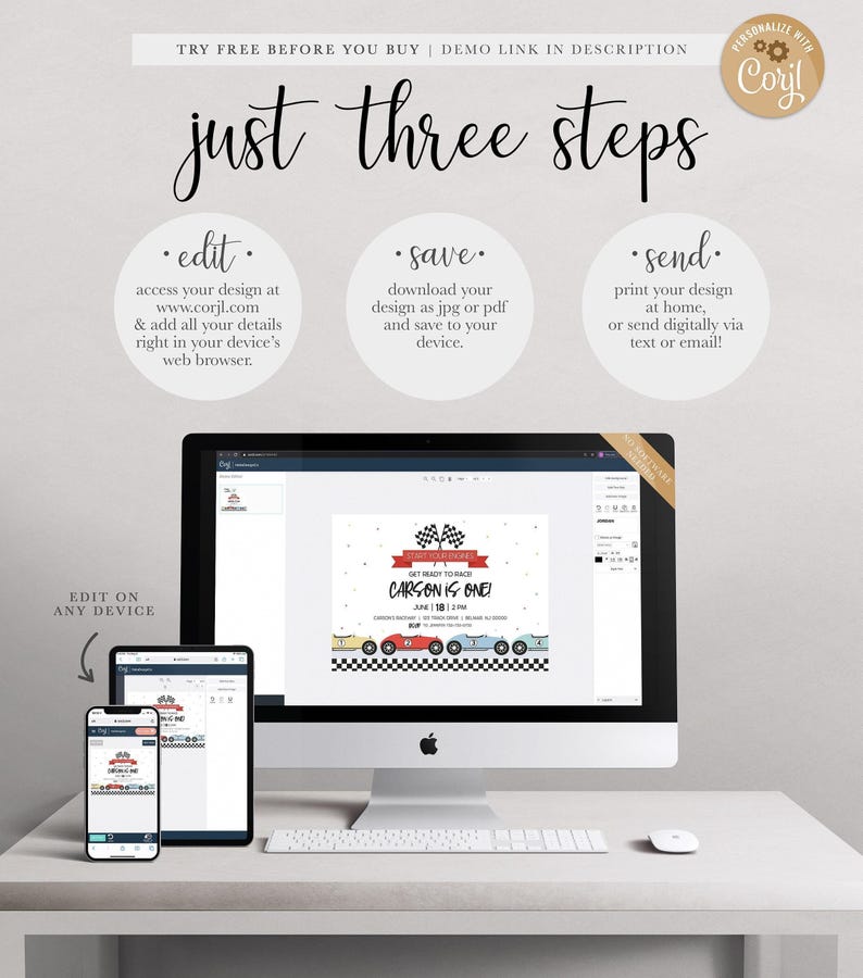 Graphic explaining the three steps to use the Corjl template: edit online, save as JPG or PDF, and send or print, shown alongside a computer and phone mockup of the design.