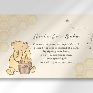 Winnie de Poeh-boeken voor babyshower-uitnodiging invoegen, breng een boekkaart mee Babyshower van honderd hectare hout, klassieke Pooh-babyshower downloaden