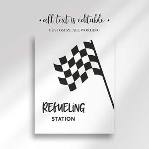 Refueling Station sign illustrated with a large checkered racing flag, all text editable.