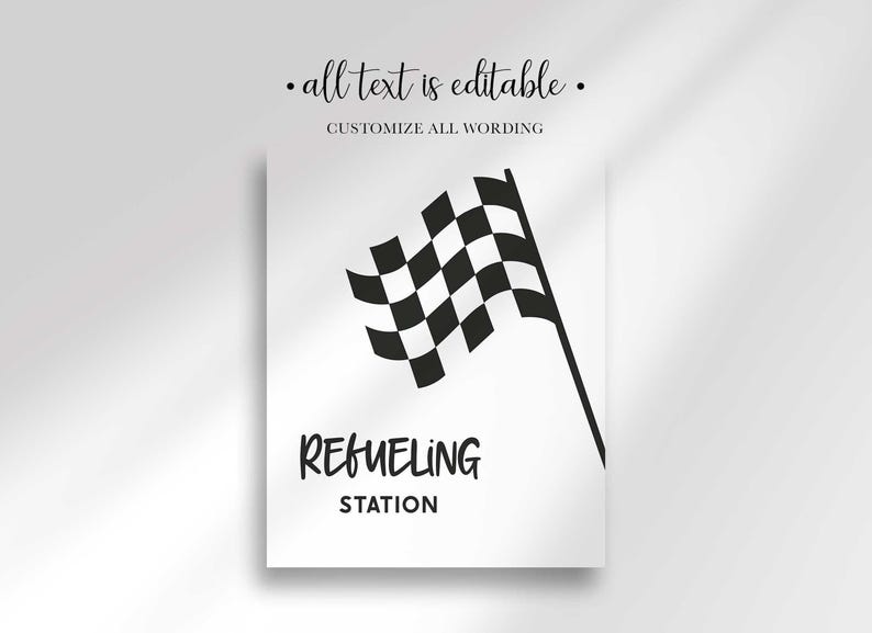 Refueling Station sign illustrated with a large checkered racing flag, all text editable.