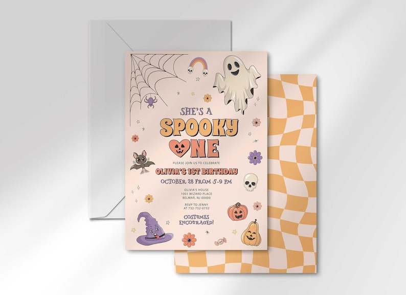 Olivia's Halloween-themed 'She's a Spooky One' first birthday invitation layered in front of its matching envelope and a second card showing a wavy tan and white checkered back design.