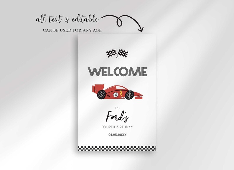 editable race car birthday sign