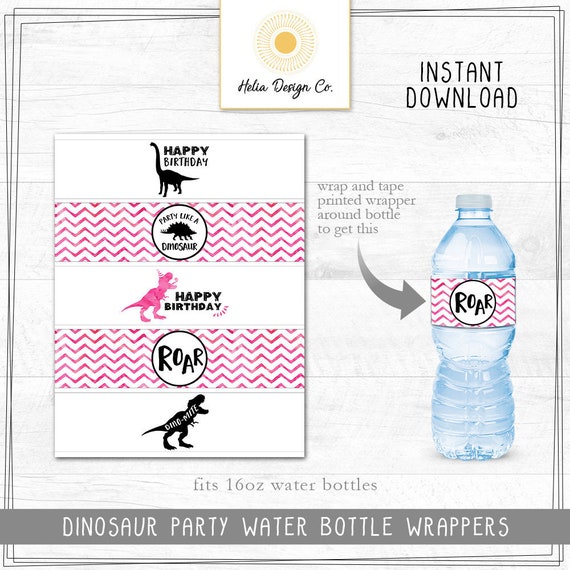 NEW! Pink Dinosaur Birthday | Water Bottle Wrappers | Girl Birthday | Instant Download | Printable DIY Il_570xn