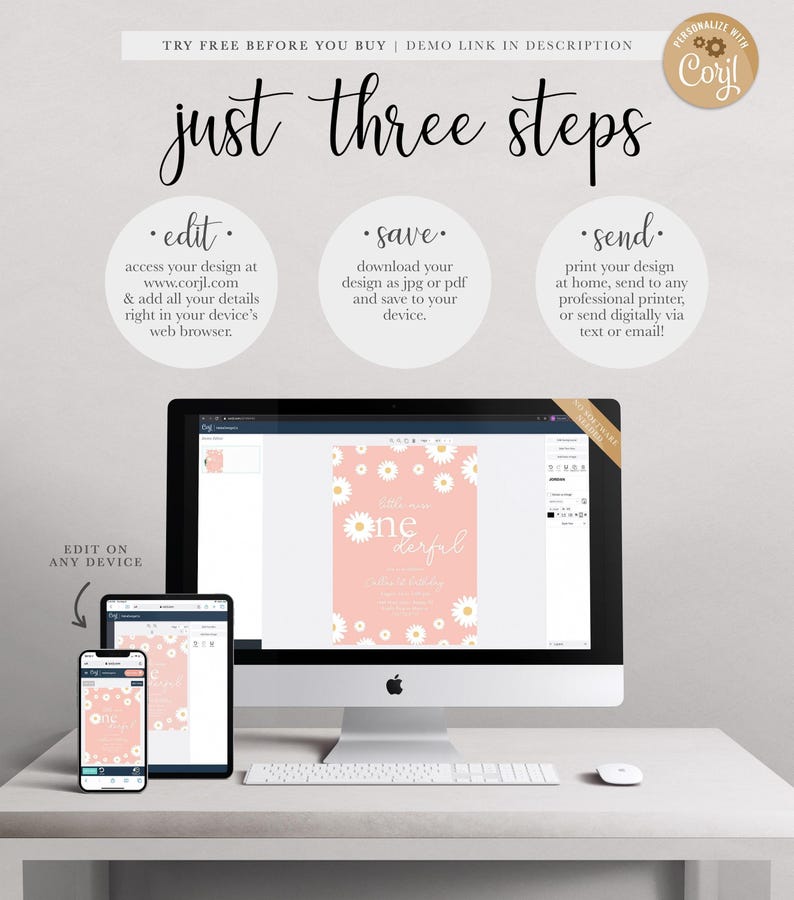 Graphic explaining the three step Corjl editing process: edit your design online, save as JPG or PDF, and send to print at home or a professional printer, or digitally via text or email, shown on a desktop computer, tablet, and phone.