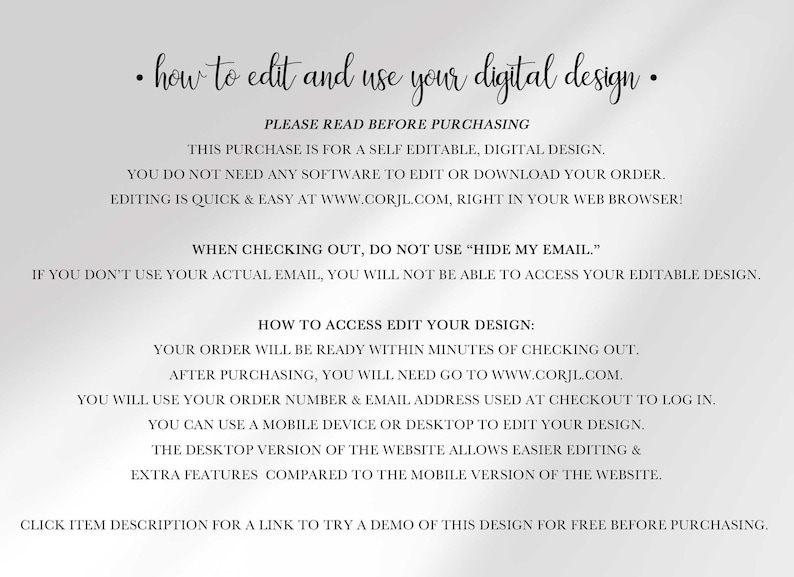 Text instructions explaining how to edit and use the digital design on Corjl.