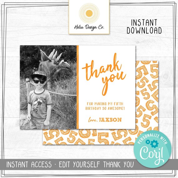 ANY COLOR Edit Yourself 5th Birthday Thank You Card | Instant Digital Download | Photo Thank You | Fifth Birthday Thank You | Corjl.com Il_570xn