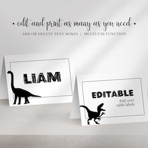 Two folded place cards stand on a surface, one showing the name LIAM with a longneck dinosaur and the other showing EDITABLE with a raptor.