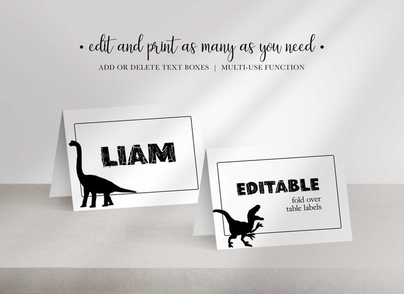 Two folded place cards stand on a surface, one showing the name LIAM with a longneck dinosaur and the other showing EDITABLE with a raptor.
