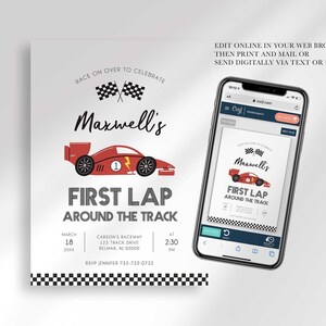 An explainer graphic reading "edit online in your web browser, then print and mail or send digitally via text or email" with Maxwell's invitation shown on a smartphone screen.