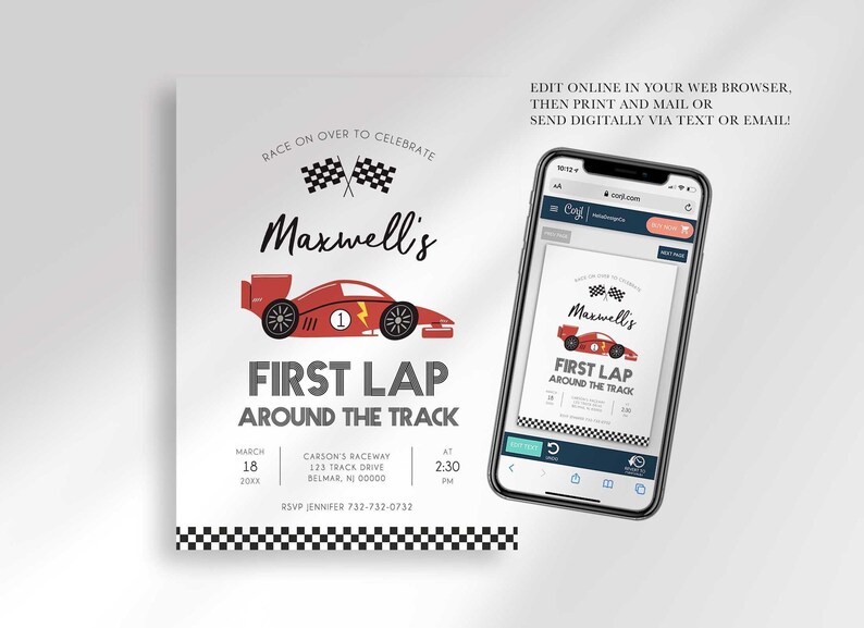 An explainer graphic reading "edit online in your web browser, then print and mail or send digitally via text or email" with Maxwell's invitation shown on a smartphone screen.