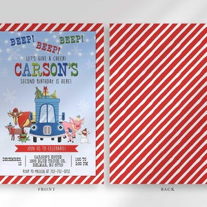 Front and back view of the invitation: the front shows Carson's winter truck-themed birthday invitation, and the back shows a red and white diagonal-stripe pattern.