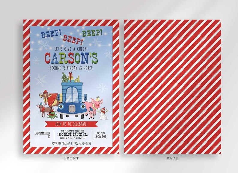 Front and back view of the invitation: the front shows Carson's winter truck-themed birthday invitation, and the back shows a red and white diagonal-stripe pattern.