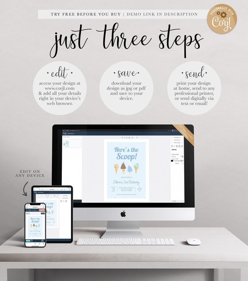Graphic explaining the three steps to use the Corjl template: edit online, save as JPG or PDF, and send or print, shown alongside a computer and phone mockup of the design.