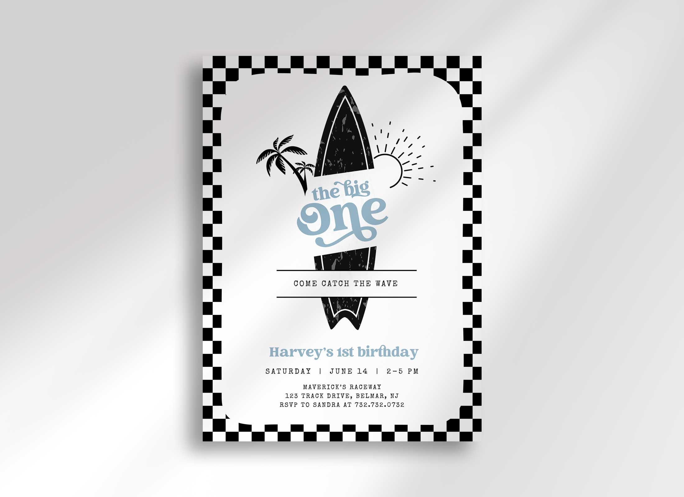 The Big One Surf Birthday Invitation, Surf Birthday Beach Birthday Invite, Cool Little Dude, Instant Download