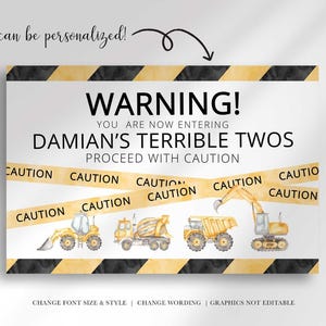 Infographic showing the Terrible Twos welcome sign can be personalized with the child's name, example shown reading "Damian's Terrible Twos."