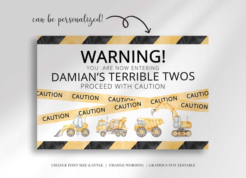 Infographic showing the Terrible Twos welcome sign can be personalized with the child's name, example shown reading "Damian's Terrible Twos."