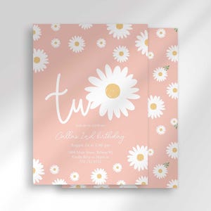 The 'TWO' invitation for Callie's 2nd birthday with a second card showing the daisy pattern back design peeking out behind it.