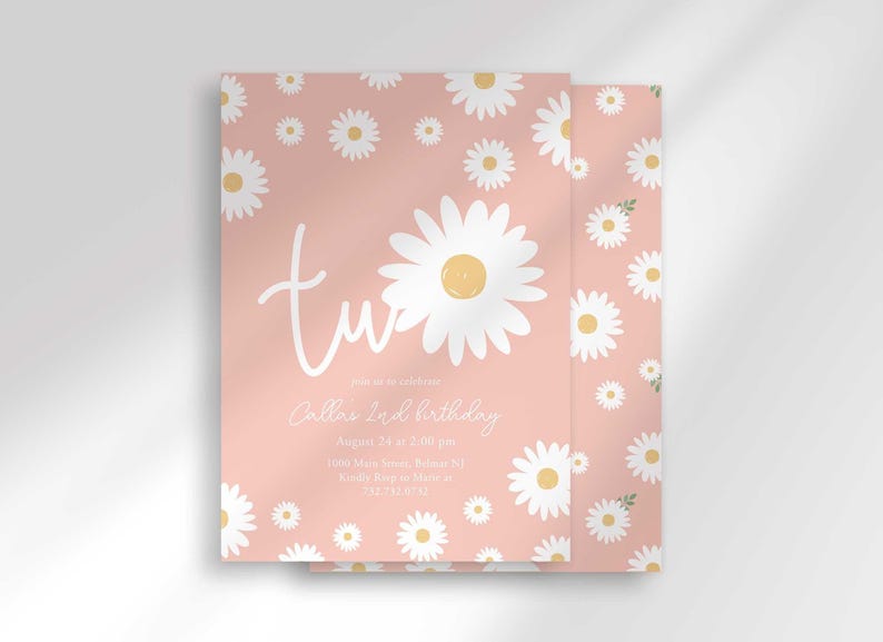 The 'TWO' invitation for Callie's 2nd birthday with a second card showing the daisy pattern back design peeking out behind it.
