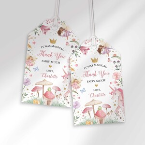 Étiquettes de remerciement d'anniversaire de fée modifiables roses, accessoires de fête (téléchargement numérique)
