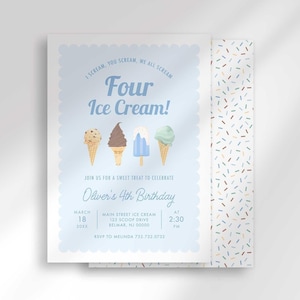 Four Ice Cream themed fourth birthday invitation with colorful ice cream cone illustrations and sprinkle pattern, personalized with the child's name, party date, time, and address.