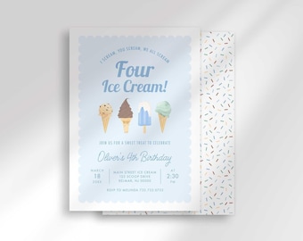 Invitación digital imprimible para el cuarto cumpleaños de niño con diseño de helado en acuarela azul.