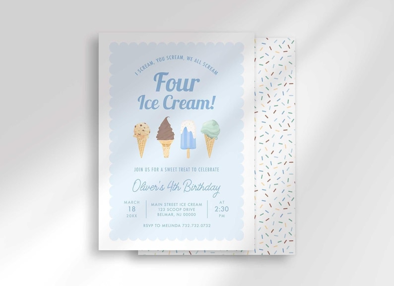 Four Ice Cream themed fourth birthday invitation with colorful ice cream cone illustrations and sprinkle pattern, personalized with the child's name, party date, time, and address.