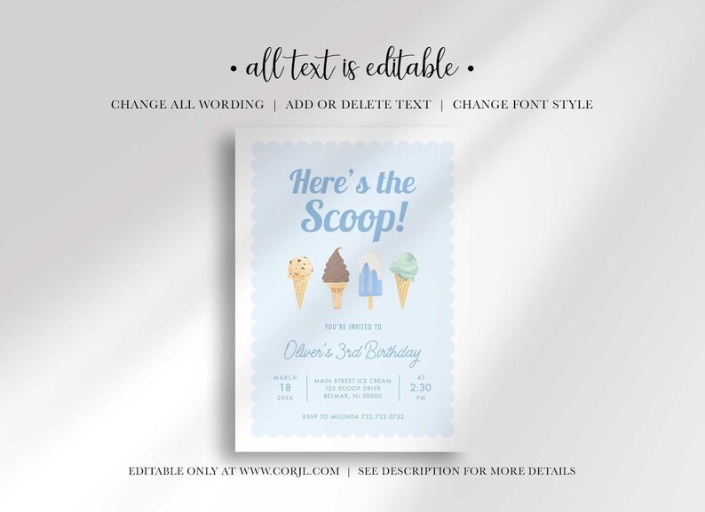 Graphic noting that all text is editable: change wording, add or delete text, and change font style, editable at corjl.com.