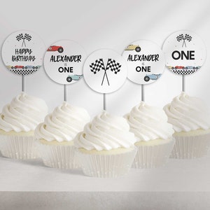 Bearbeitbare Rennwagen-Geburtstags-Cupcake-Topper (druckbar)