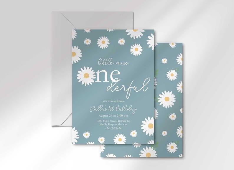 The 'Little Miss ONEderful' invitation for Callie layered in front of its matching envelope and a second card showing the daisy pattern back design.