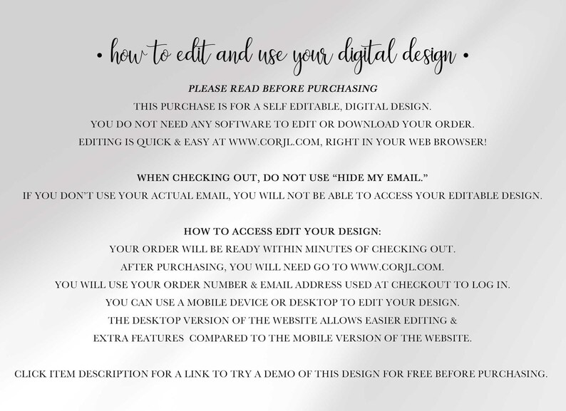 A text-only instruction graphic titled how to edit and use your digital design with purchasing guidelines.