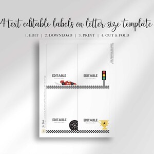 An explainer graphic reading "4 text editable labels on letter size template, 1. edit 2. download 3. print 4. cut & fold" showing a print template with four editable food tent card labels featuring a race car, traffic light, tire, and trophy icon, each with checkered flag borders.