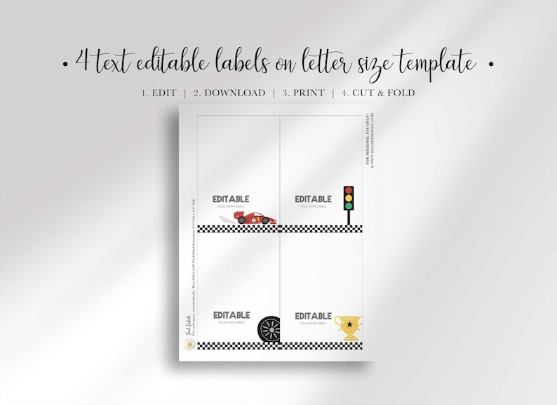 An explainer graphic reading "4 text editable labels on letter size template, 1. edit 2. download 3. print 4. cut & fold" showing a print template with four editable food tent card labels featuring a race car, traffic light, tire, and trophy icon, each with checkered flag borders.