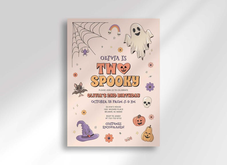 Olivia's Halloween-themed second birthday invitation with a second card showing an orange and cream checkerboard back design peeking out behind it.