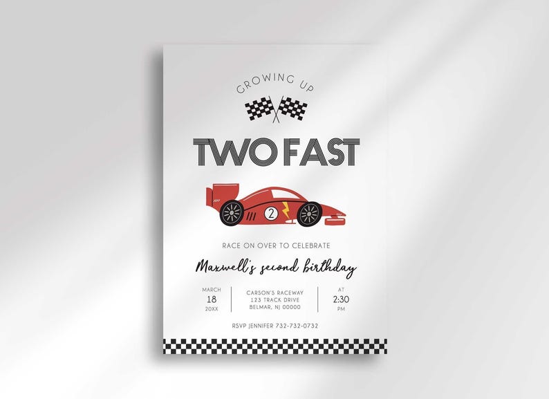 Two Fast Race Car Birthday Invitation