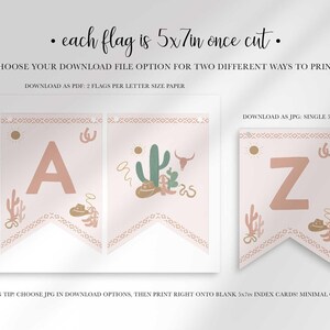 Graphic reading "Each flag is 5x7in once cut" — choose your download file option for two different ways to print: PDF for 2 flags per letter size paper, or JPG for a single 5x7 flag, with a tip to print JPGs on blank 5x7 index cards for minimal cutting.