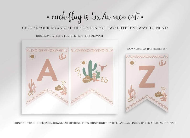 Graphic reading "Each flag is 5x7in once cut" — choose your download file option for two different ways to print: PDF for 2 flags per letter size paper, or JPG for a single 5x7 flag, with a tip to print JPGs on blank 5x7 index cards for minimal cutting.