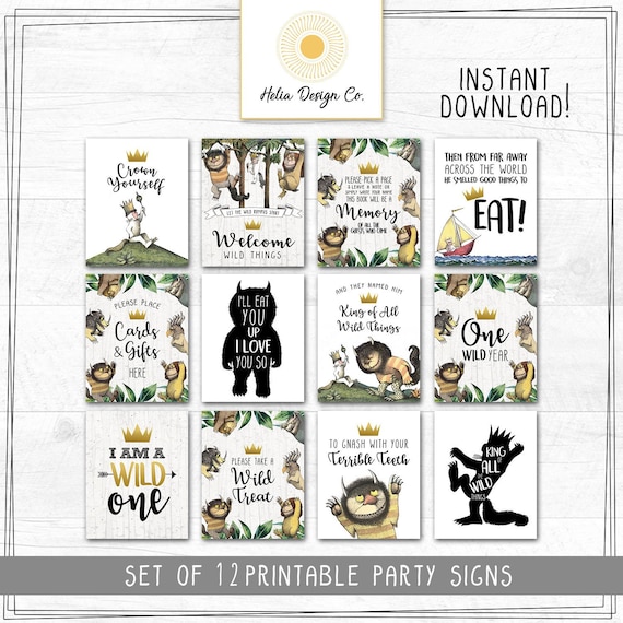 NEW! Where The Wild Things Are Set of 12 Printable Posters | Birthday Decor | Wild One Party Signs | Multiple Sizes Included Il_570xn