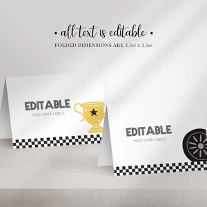Two white folded tent cards with checkered borders, featuring editable text, a gold trophy, and a black tire graphic.