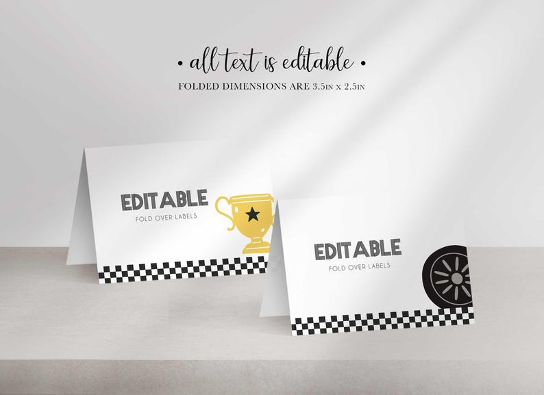 Two white folded tent cards with checkered borders, featuring editable text, a gold trophy, and a black tire graphic.