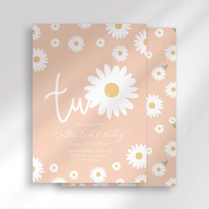 The 'TWO' invitation for Callie's 2nd birthday with a second card showing the daisy pattern back design peeking out behind it.