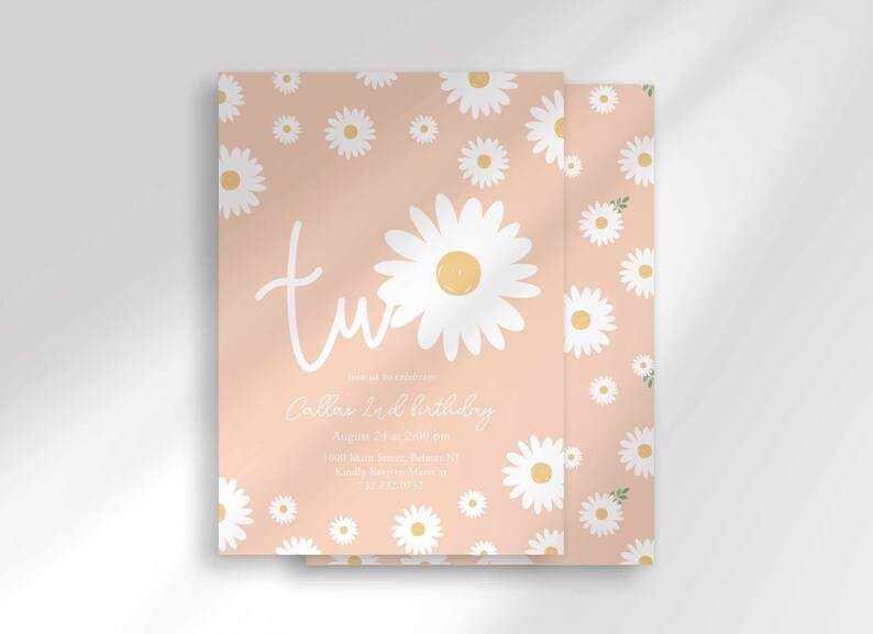 The 'TWO' invitation for Callie's 2nd birthday with a second card showing the daisy pattern back design peeking out behind it.