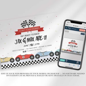 Phone mockup showing the design on a Corjl editor screen, with a twins example reading "Jax & Max Are 3!" and text noting you can edit in your web browser on mobile or desktop, no software needed, then print and mail or send digitally via text or email.
