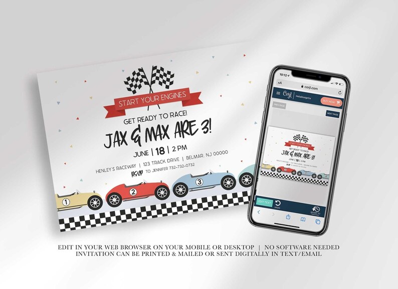 Phone mockup showing the design on a Corjl editor screen, with a twins example reading "Jax & Max Are 3!" and text noting you can edit in your web browser on mobile or desktop, no software needed, then print and mail or send digitally via text or email.