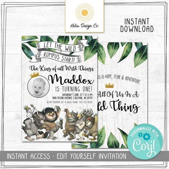 NEW! Where The Wild Things Are Invitation with Photo | Edit Yourself | Digital Download | Printable Invitation | Edit in Corjl Il_570xn