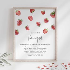 Placa de festa de cápsula do tempo de aquarela de morango, placa de aniversário de morango, decoração de primeira festa de frutas vermelhas, cápsula do tempo moderna, download instantâneo