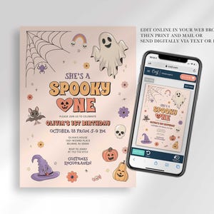 An explainer graphic showing Olivia's Halloween-themed 'She's a Spooky One' first birthday invitation displayed on a smartphone, noting it can be edited online in a web browser, then printed and mailed or sent digitally via text or email.