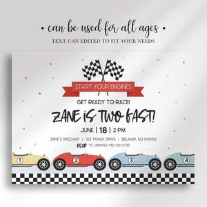 Graphic noting the design can be used for all ages, text can be edited to fit your needs, shown with an age-variant example reading "Zane is Two Fast!"