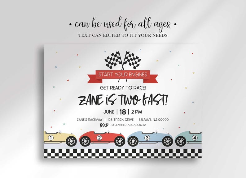 Graphic noting the design can be used for all ages, text can be edited to fit your needs, shown with an age-variant example reading "Zane is Two Fast!"