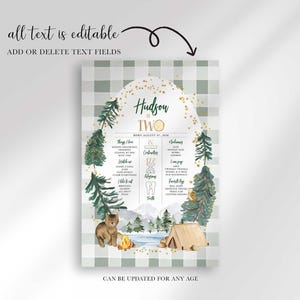 Graphic reading all text is editable, add or delete text fields, can be updated for any age, shown here as Hudson is TWO with different stats and favorites to demonstrate the sign's flexibility.