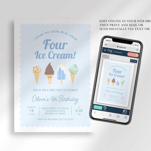 Infographic showing the invitation can be edited online in a web browser, then printed and mailed, or sent digitally via text or email, shown next to a phone displaying the online editor.